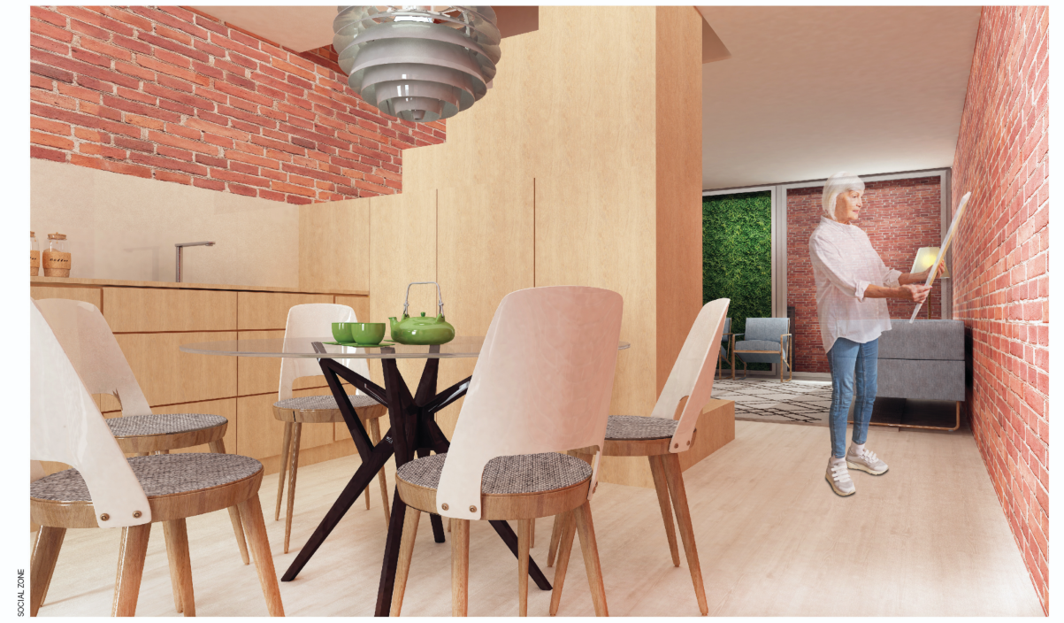 Open kitchen and dining area with warm materials and natural light.