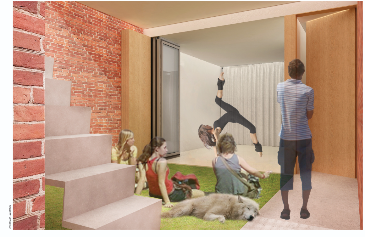 Vibrant green space for community activities, performances, and creative work.