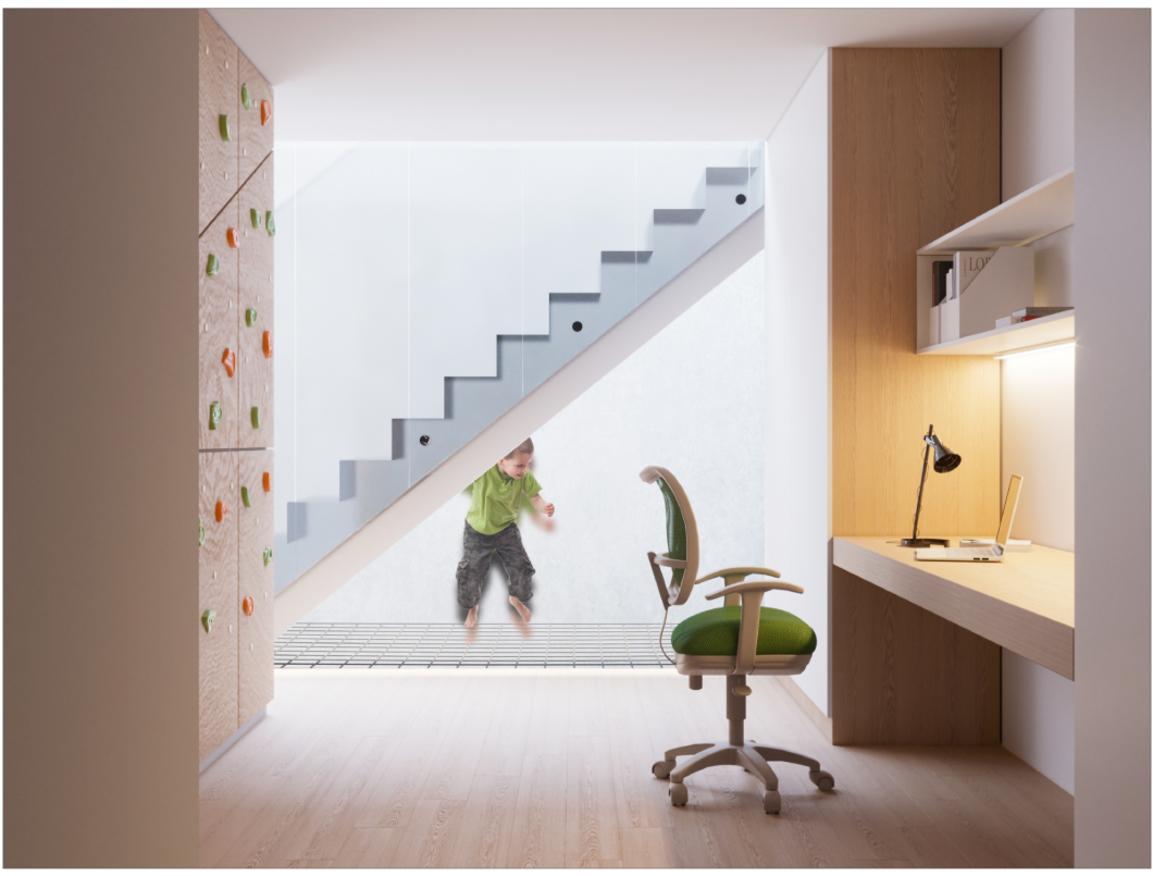 Children's creative play and work area beneath a staircase.