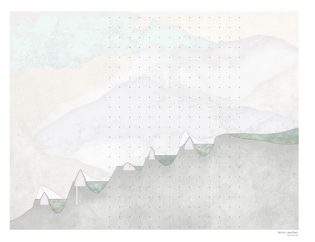 Sectional drawing highlighting architectural integration with alpine terrain.