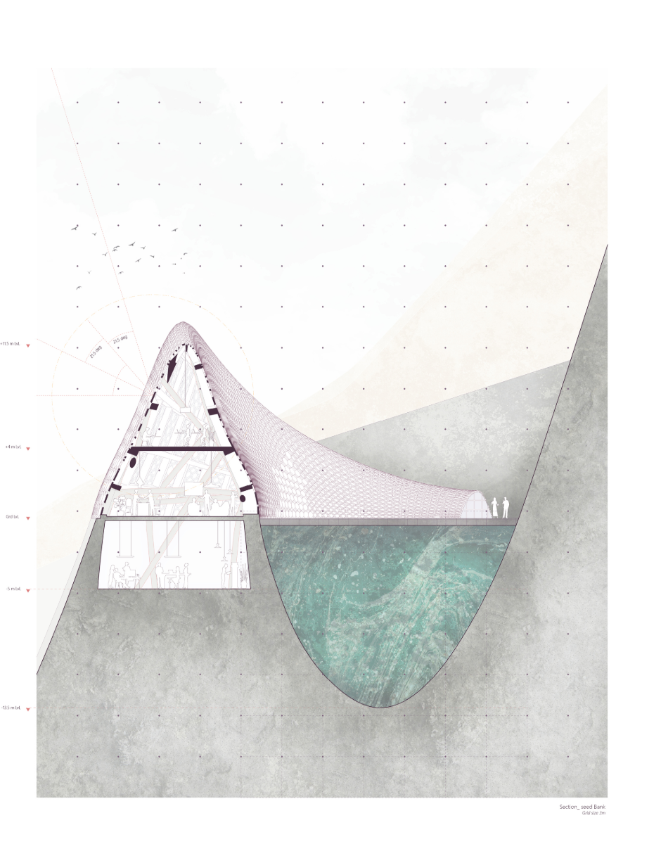 Architectural section showing interior spaces and glacial water integration.