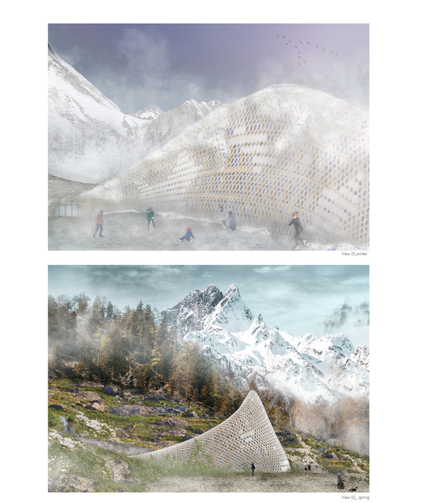 Rendered perspectives showing the adaptive architecture in winter and spring alpine settings.