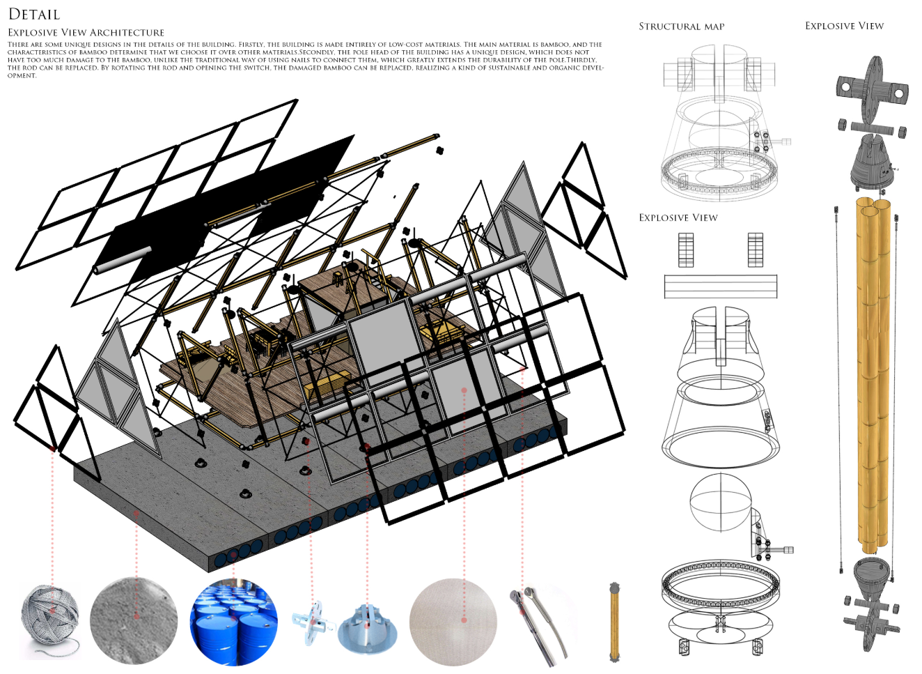 Detailed structural breakdown of bamboo housing, showing modular assembly and replaceable components.