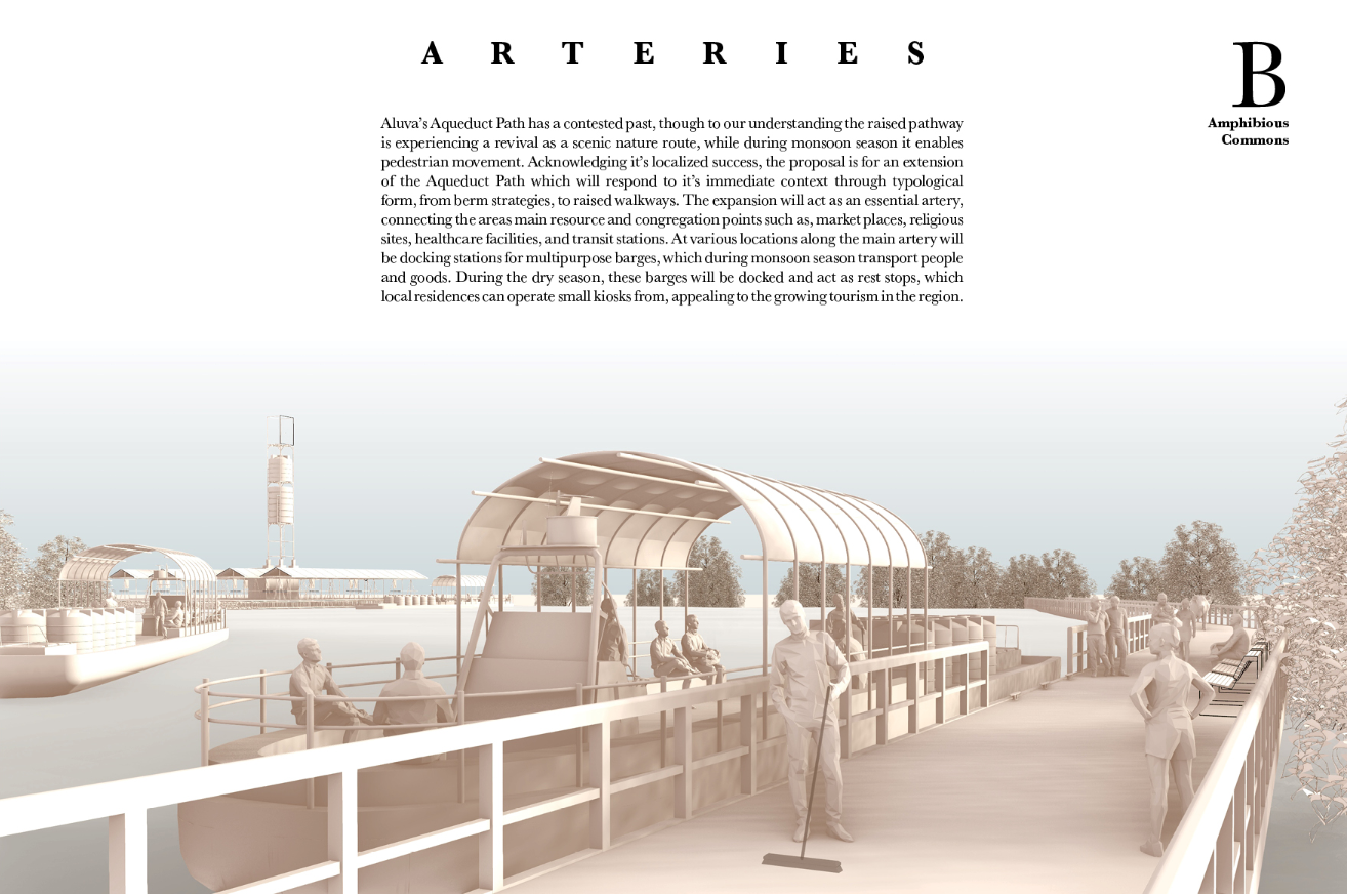 Elevated aqueduct paths transform into lifelines, connecting communities during floods and doubling as pedestrian routes year-round.