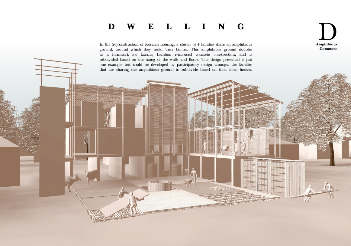 Flood-resilient homes built on shared amphibious ground, encouraging participatory community design.