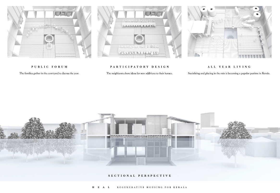 Shared courtyards and sectional perspectives reveal collective spaces for dialogue, design, and daily life.