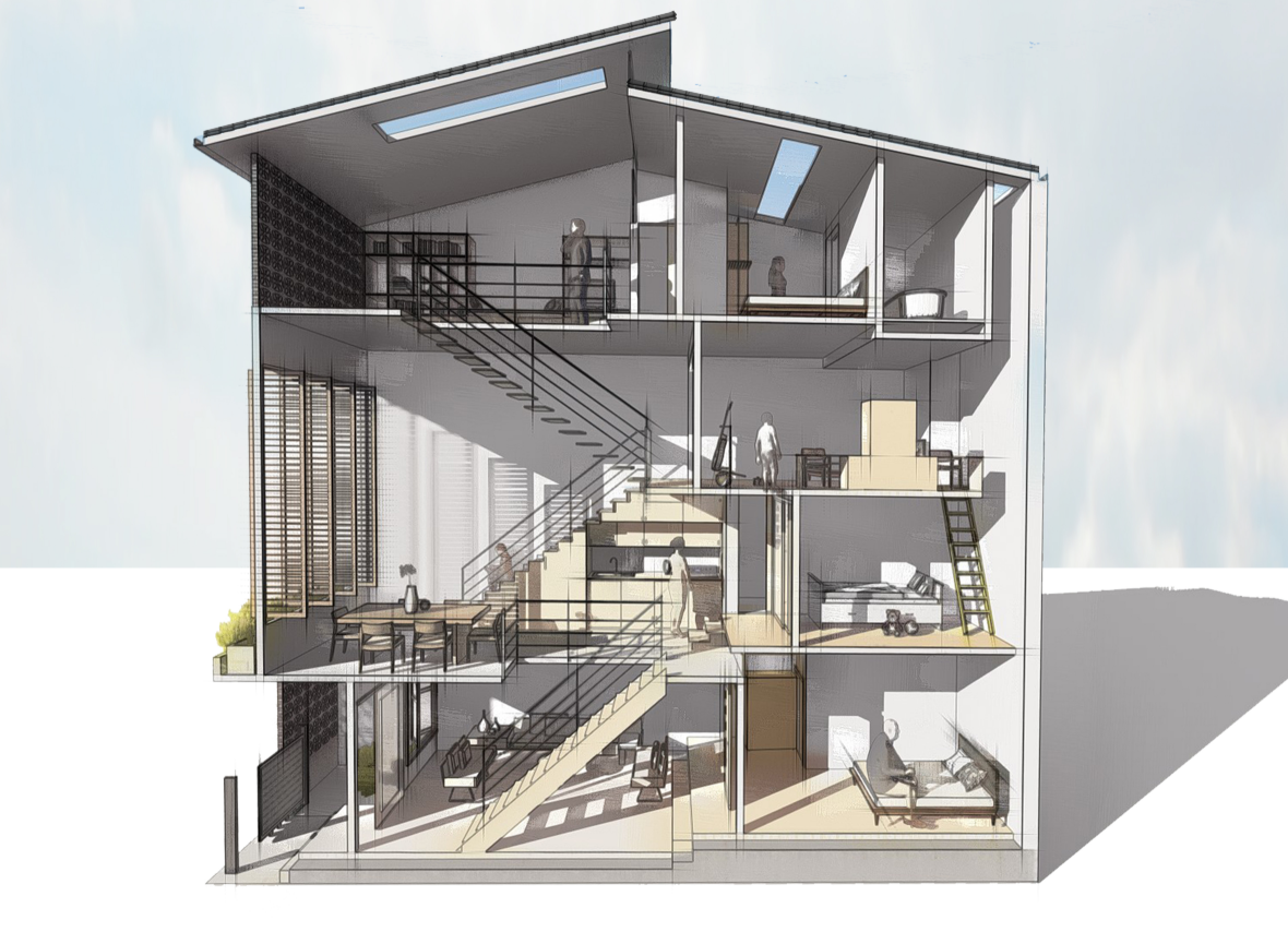 Cross-section revealing interconnected multi-level spaces.