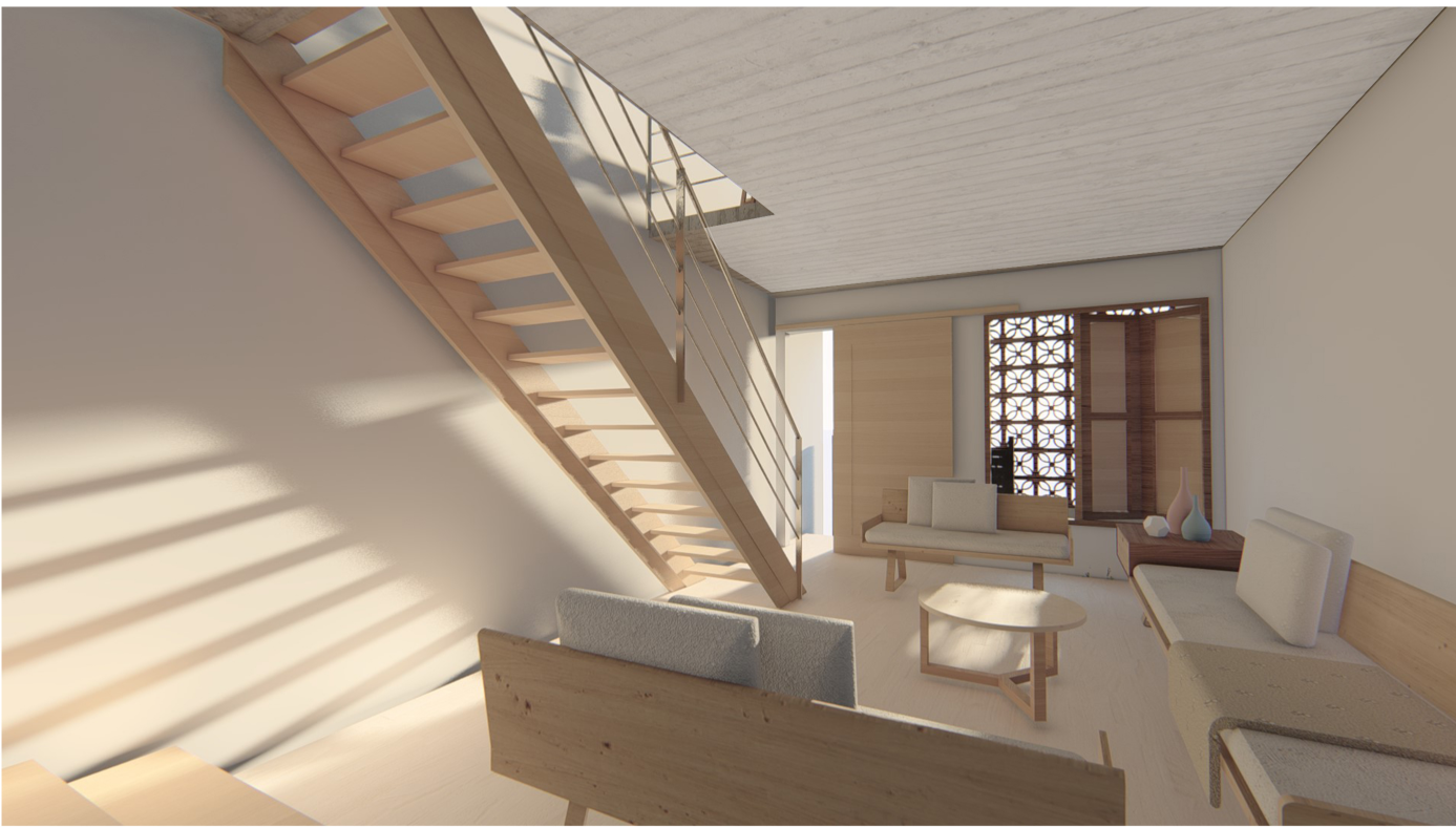 Living room with warm wood tones and patterned Jali wall.