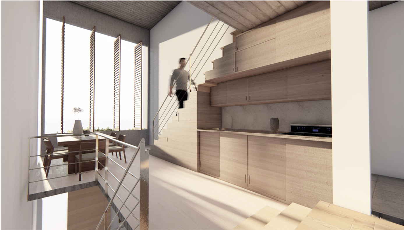 Kitchen and dining connected by open stair design.