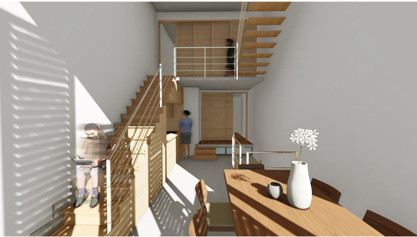 Dining space framed by natural light and open vertical circulation.