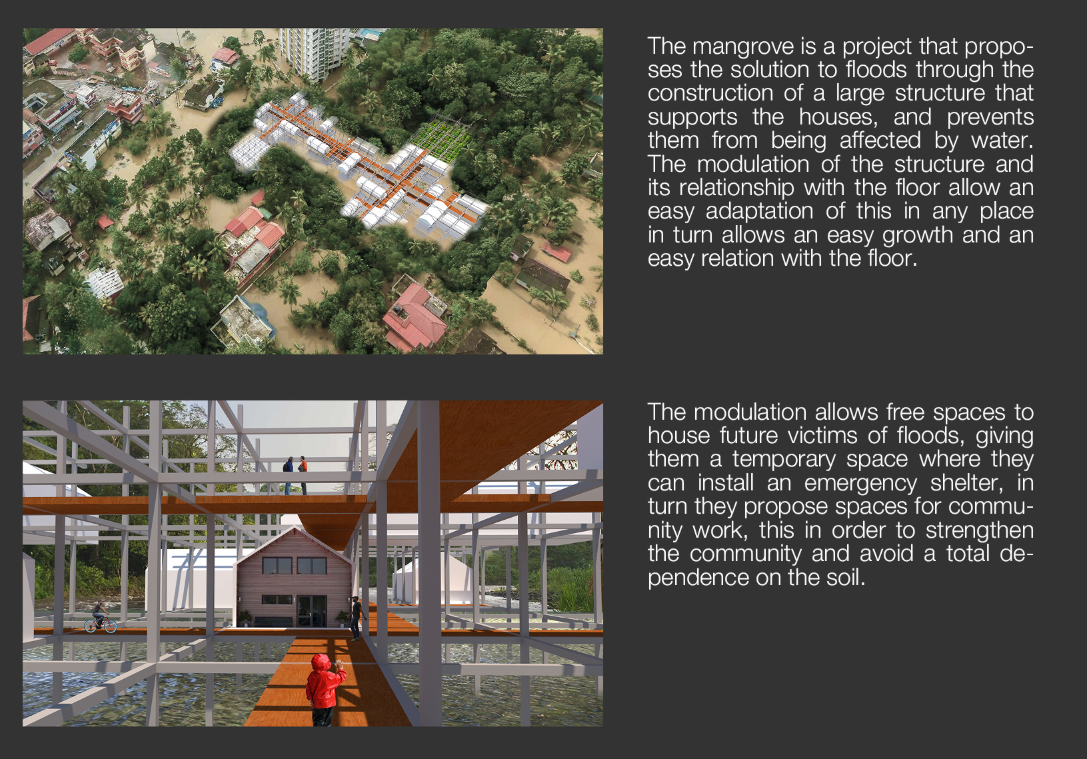 Flood-adaptive structures providing emergency shelters, communal spaces, and urban integration.