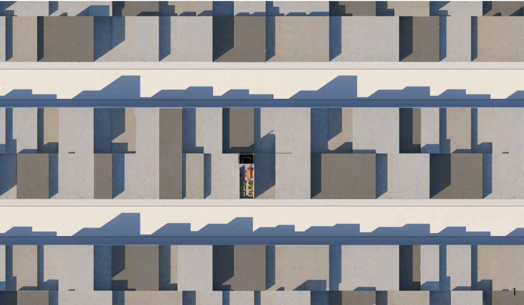 Overhead perspective showcasing the building’s compact footprint within the dense urban fabric.