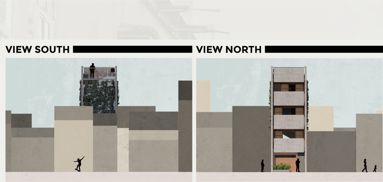 South and north facades displaying greenery integration and minimalistic vertical design.