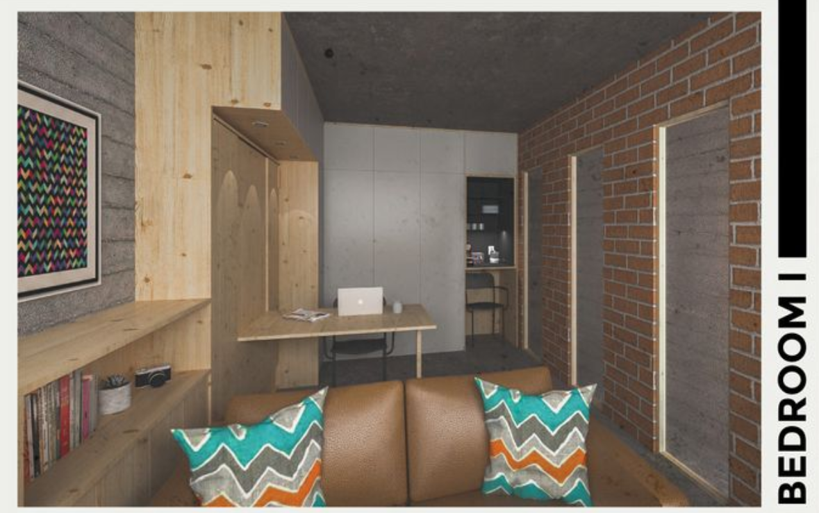 Cozy private space with integrated desk, warm wooden finishes, and smart storage.
