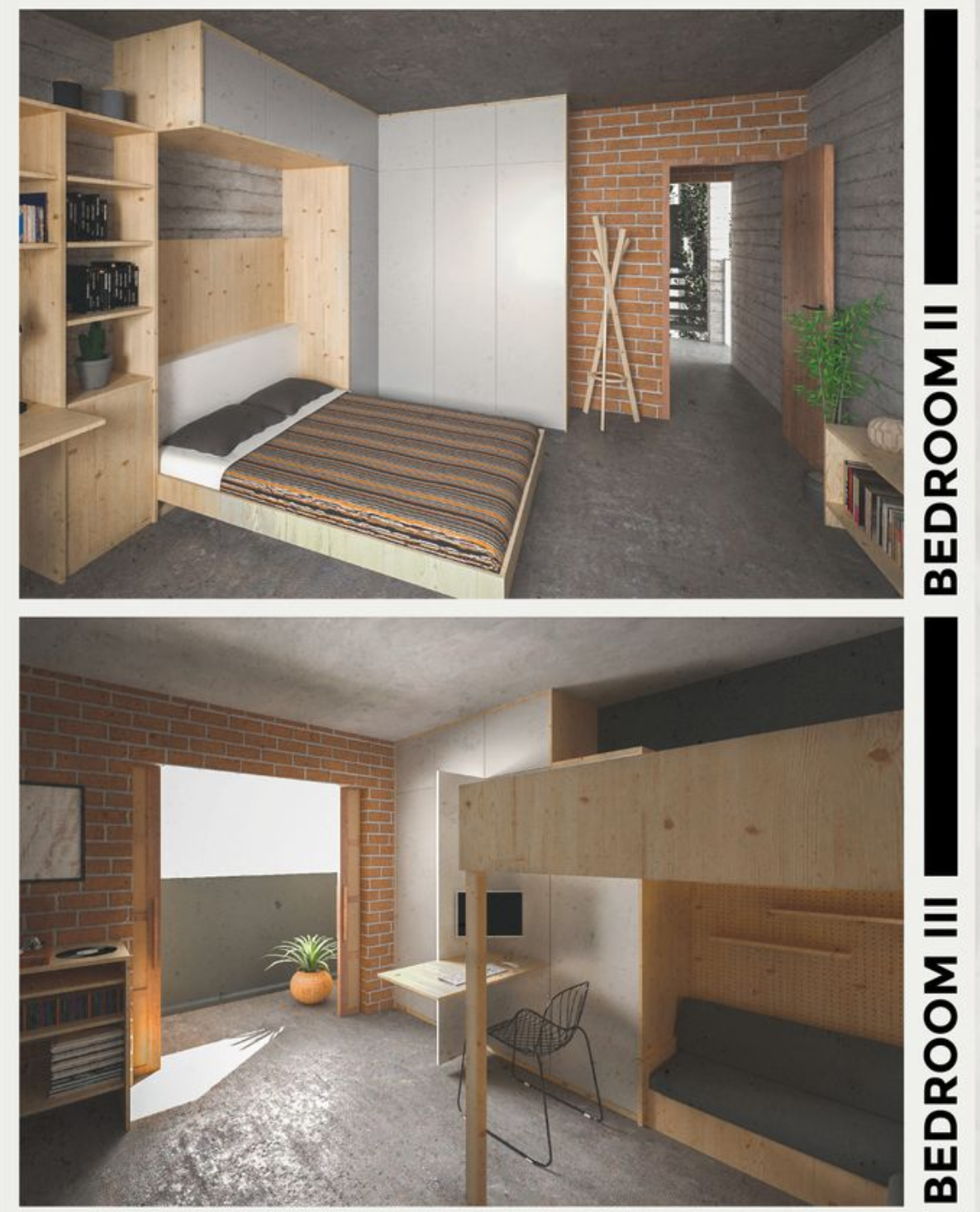 Flexible sleeping arrangements featuring foldable beds, bunk systems, and natural light access.