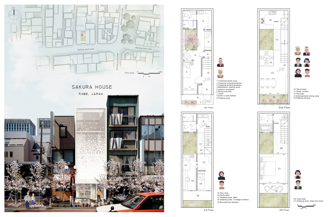 Sakura House nestled in Kobe’s dense streetscape with detailed multi-generational floor plans.