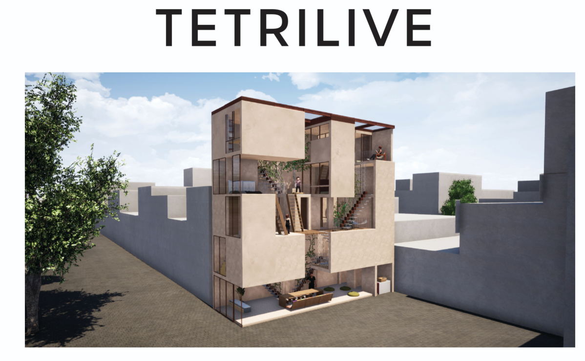Cutaway rendering of a multistory dwelling with staggered volumes set within an urban context