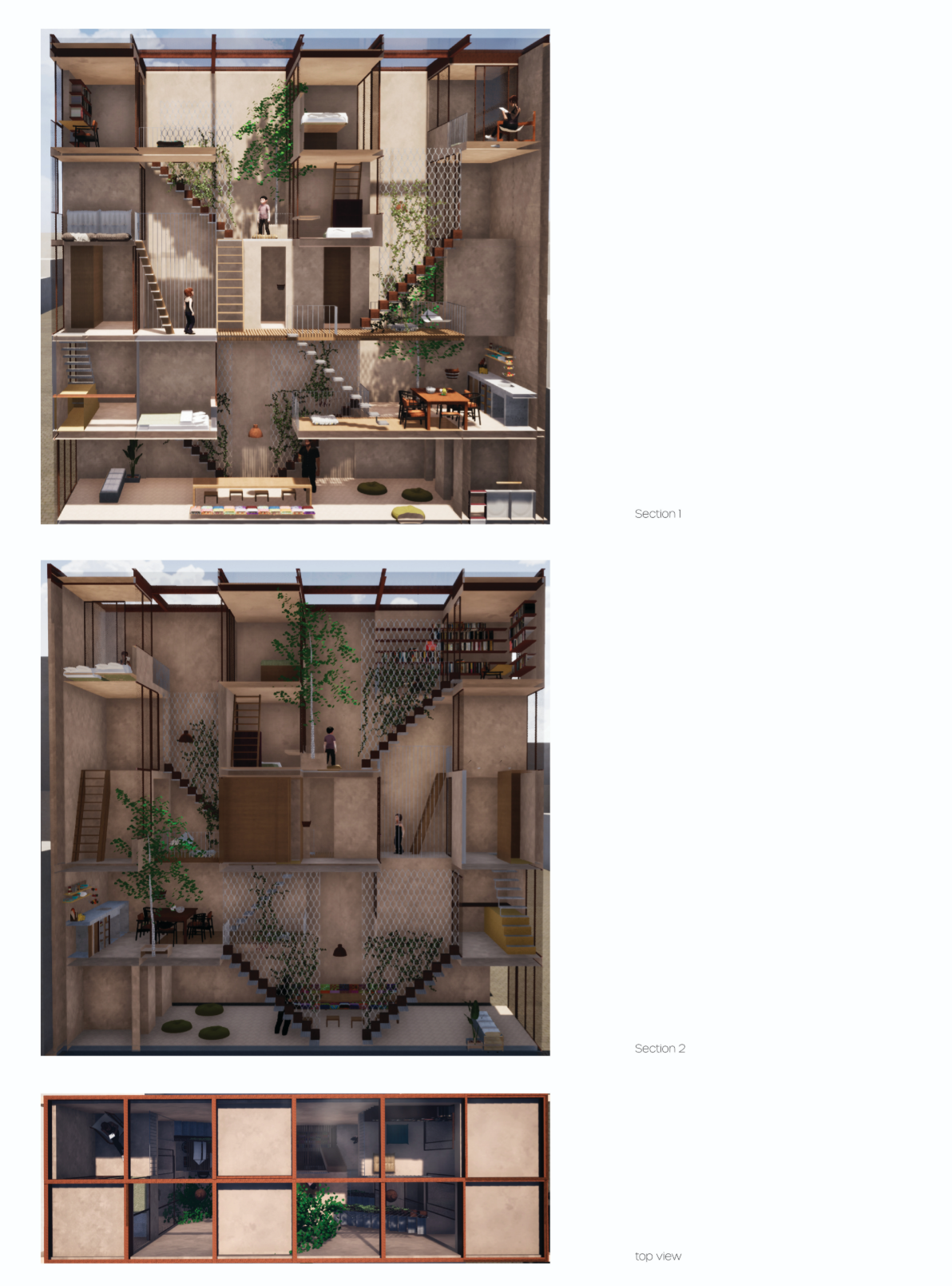 Two sectional drawings and top view showing stacked levels with internal staircases and planted courtyards