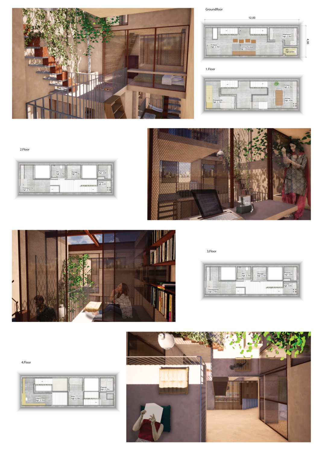 Floor plan drawings paired with interior renderings of spaces featuring mesh screens and cascading greenery