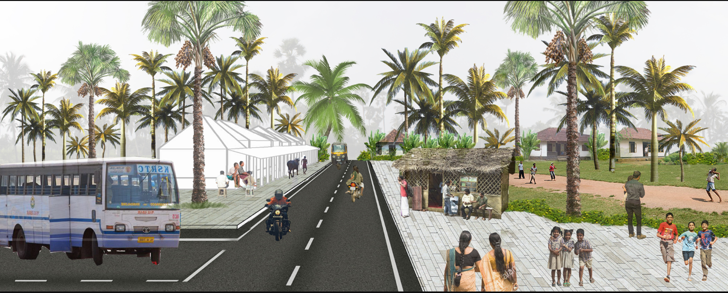 Street perspective rendering showing elevated walkways with palm groves and a bus on the adjacent roadway
