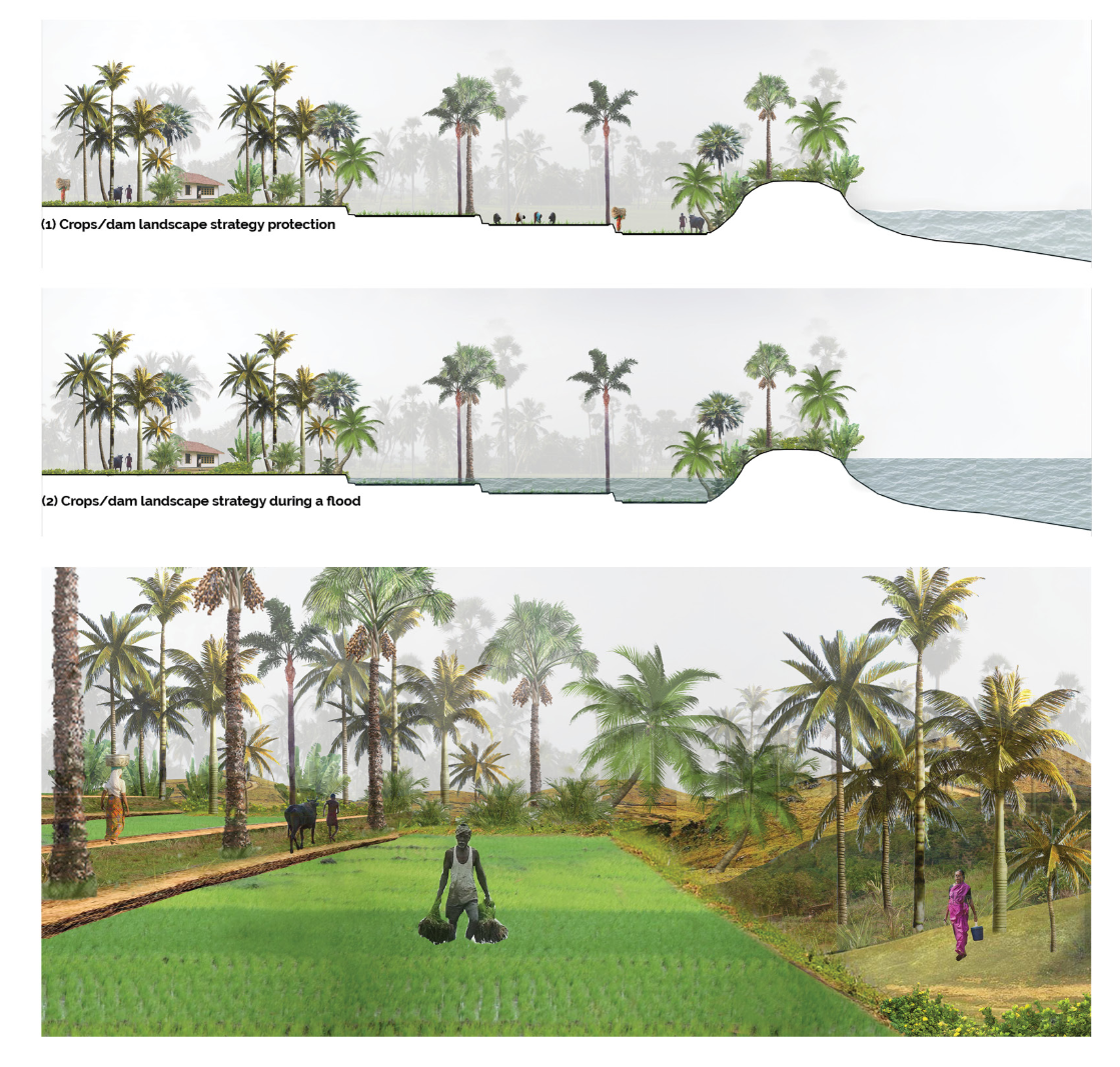 Composite rendering showing flood mitigation landscape strategy across cultivated terraces with palm trees and pedestrians