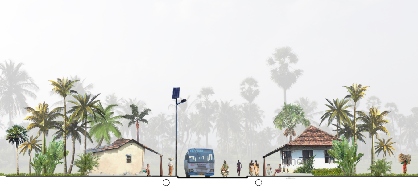 Section elevation rendering showing residential buildings with palm trees and a bus on the principal road