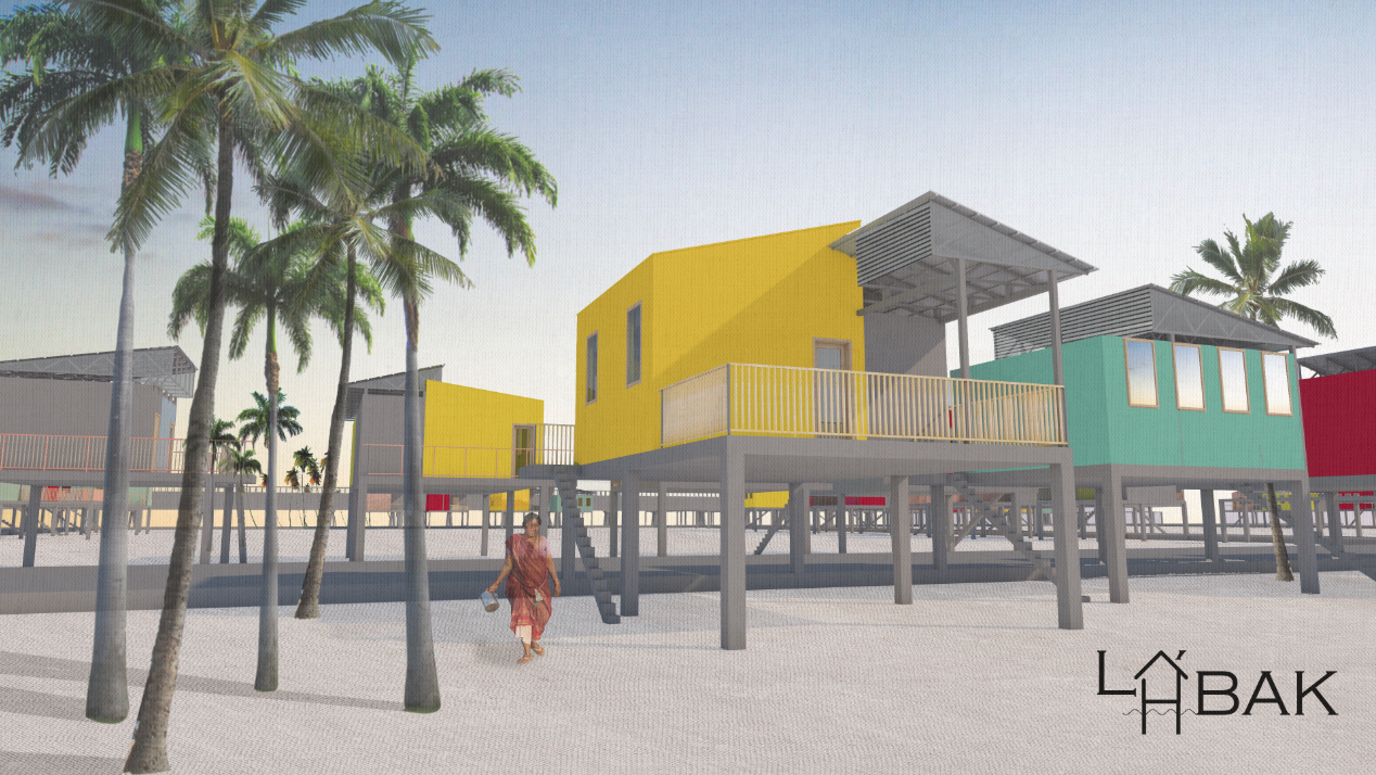 Rendered view of colorful flood-resilient homes raised above ground with community pathways and open spaces.