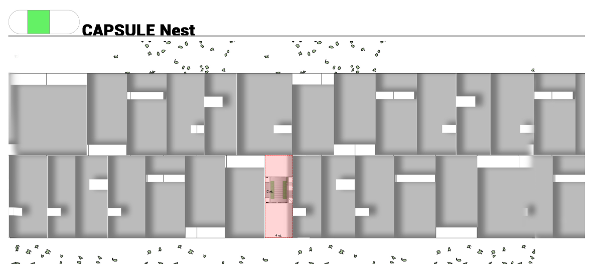 Site plan drawing showing a grid of grey residential volumes with one pink highlighted unit in the center