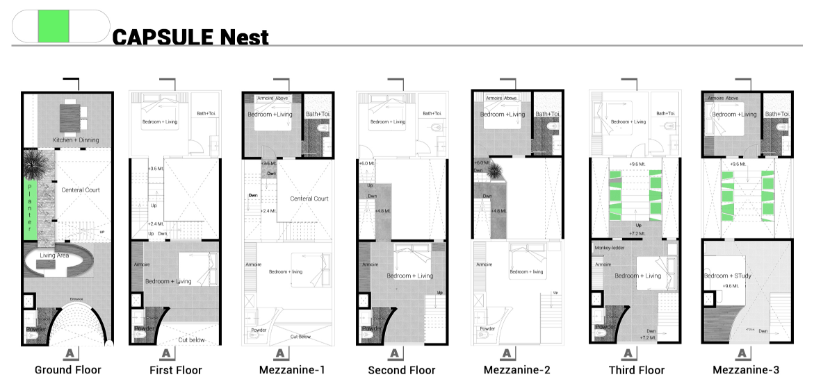 Floor plan drawings from ground to third floor showing vertical circulation around a central courtyard