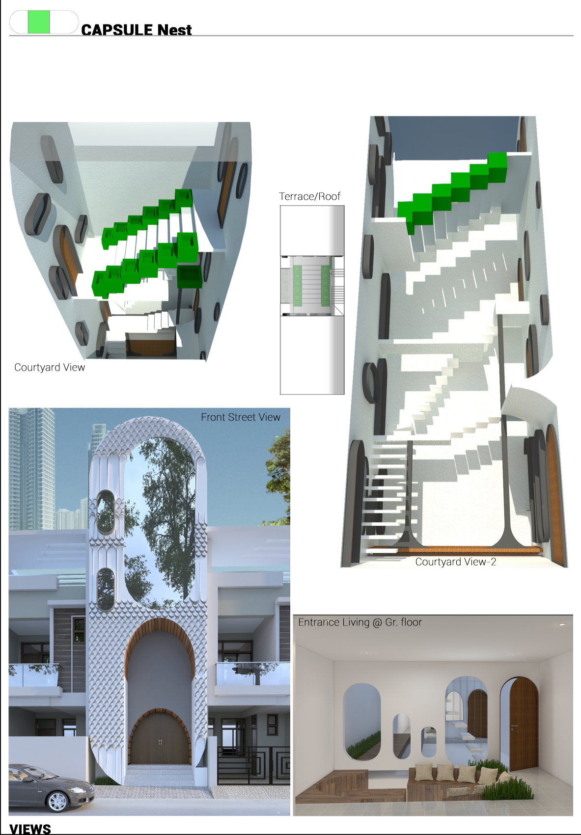 Rendered courtyard views showing green cantilevered stairs connecting white levels with arched openings
