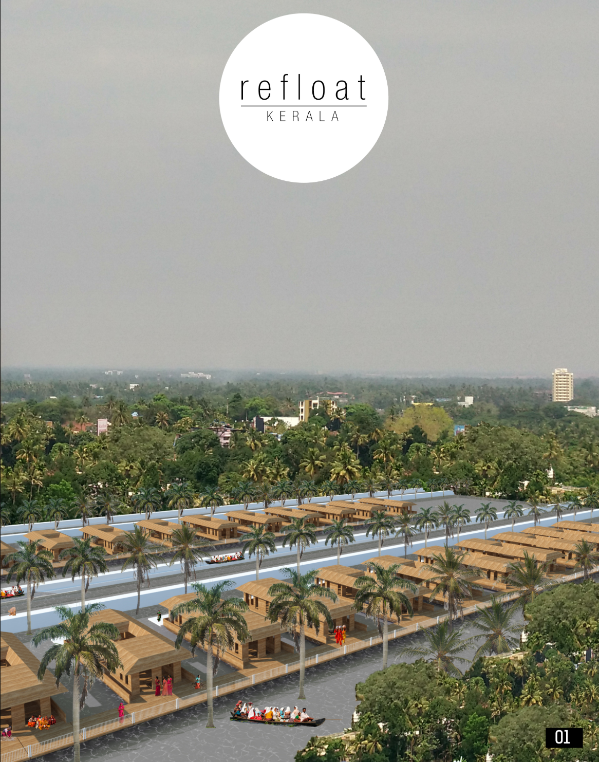 Flood-resilient housing clusters connected by walkways and canals in Kerala.