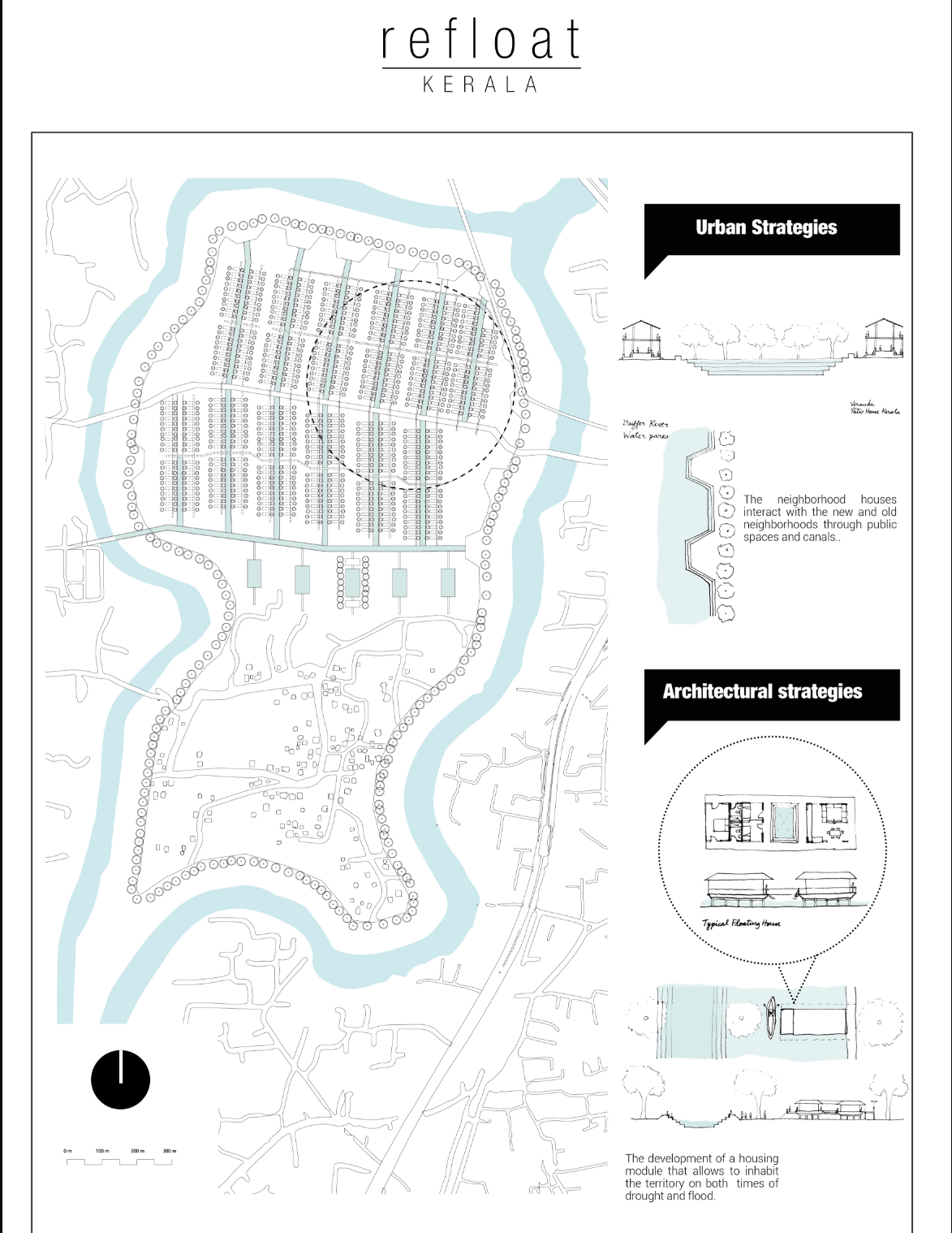 Urban and architectural strategies showing elevated housing and connected canals.