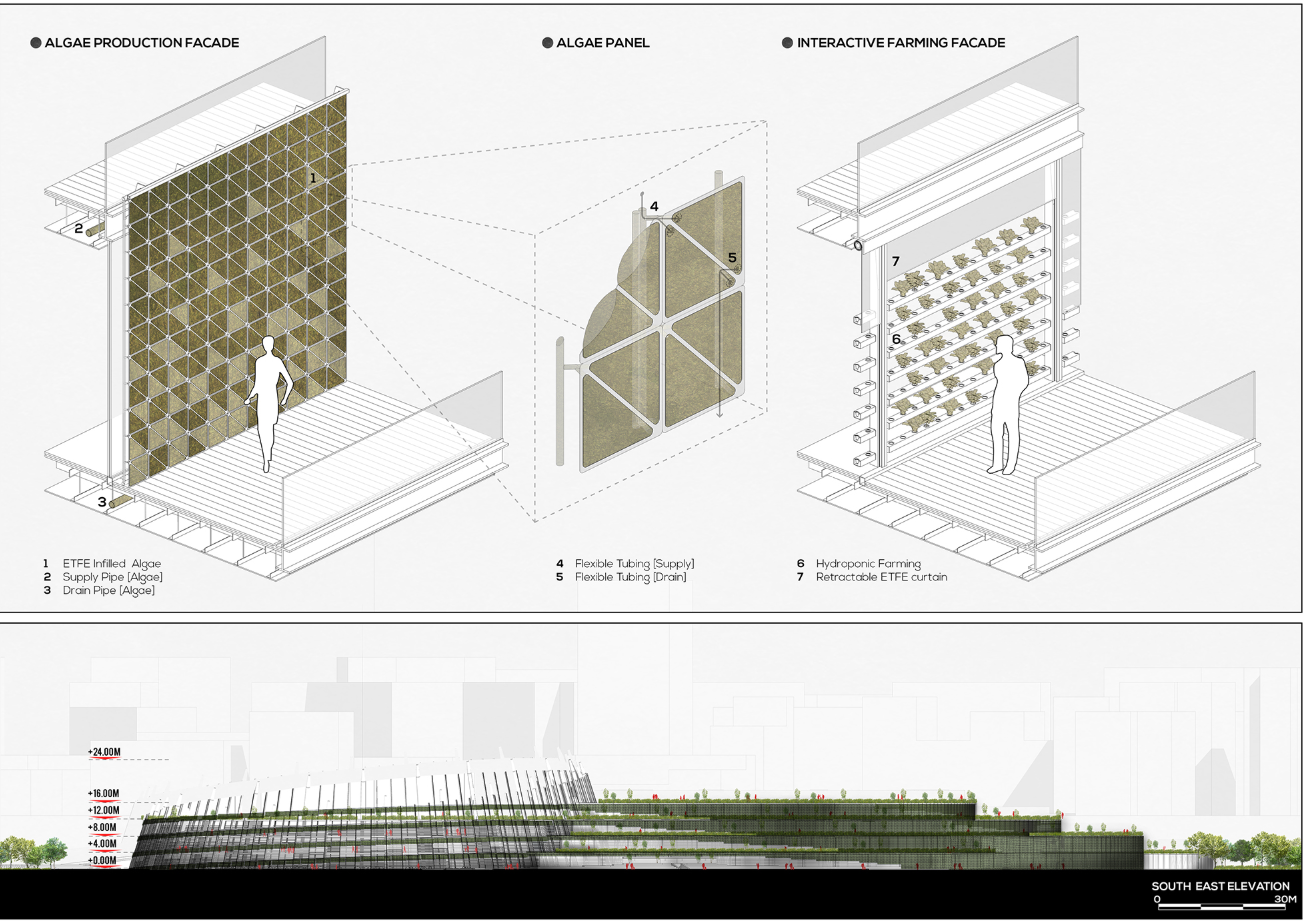 Algae production panels and hydroponic farming facades double as productive architectural envelopes.