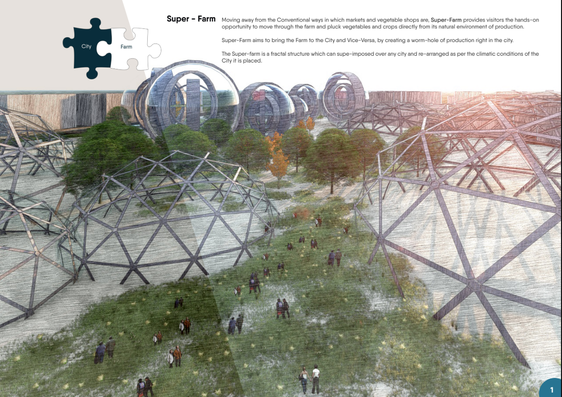 Aerial rendering of a pedestrian pathway with triangulated steel frame structures and spherical greenhouse modules beyond