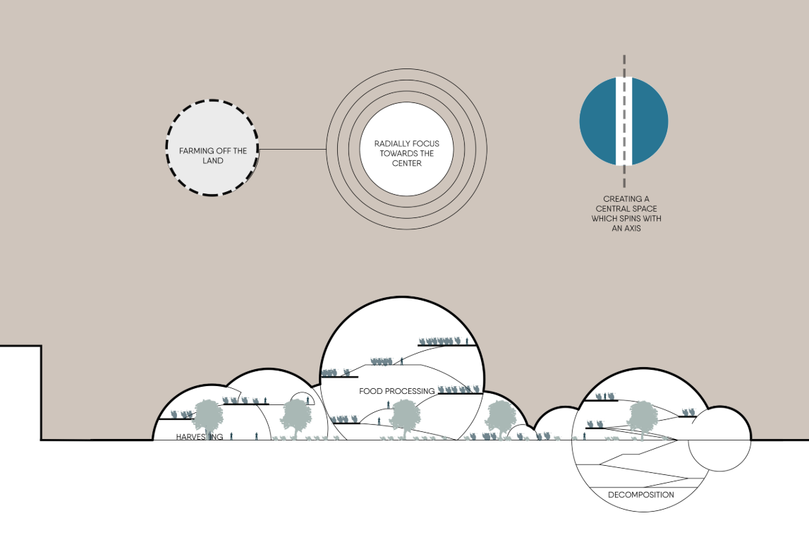 Section drawing illustrating domed structures at varying scales with internal program zones and landscaping along the ground plane