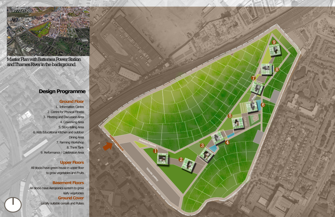 Aerial layout showcasing nine farming hubs near Battersea Power Station.