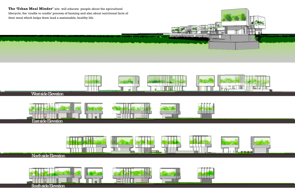 Architectural sections highlighting layered greenhouses, aeroponics, and surface farming.