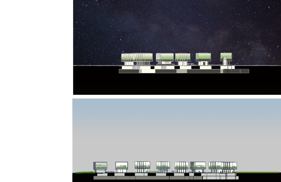 Futuristic skyline with illuminated farming modules against natural backdrops.