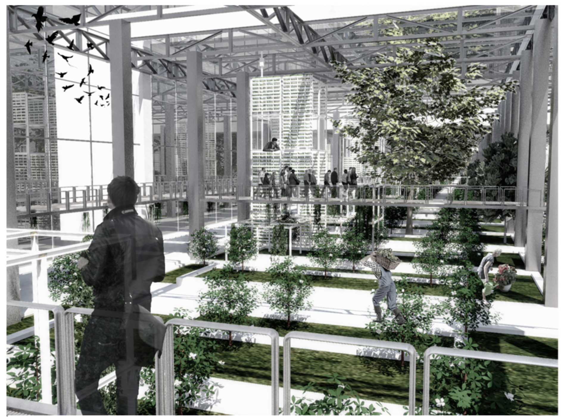Elevated walkways overlooking urban farming spaces integrated into the structure.