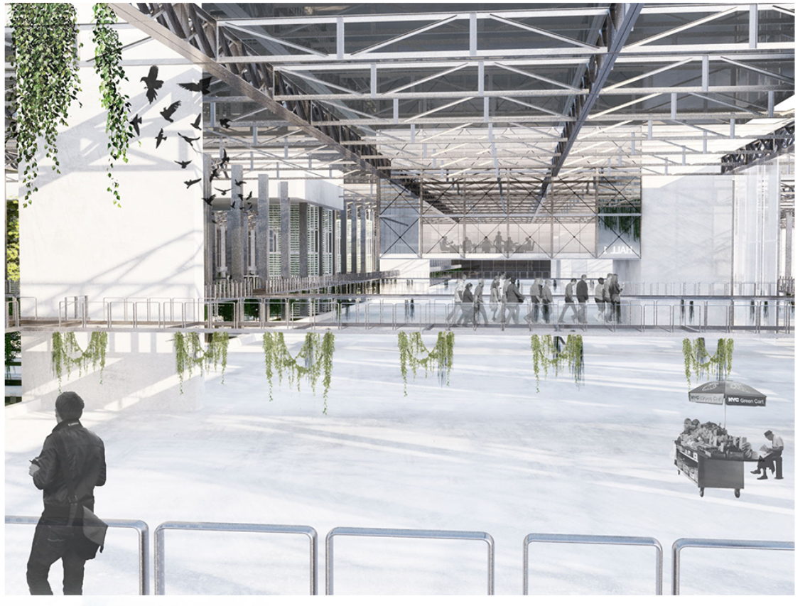 Adaptive reuse of industrial hall into a public space blending greenery and social interaction.