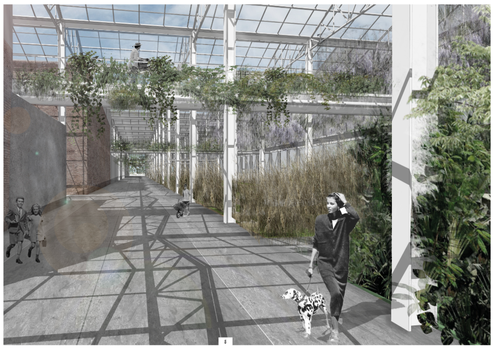 A green corridor showcasing sustainable architecture that merges living spaces with urban agriculture.