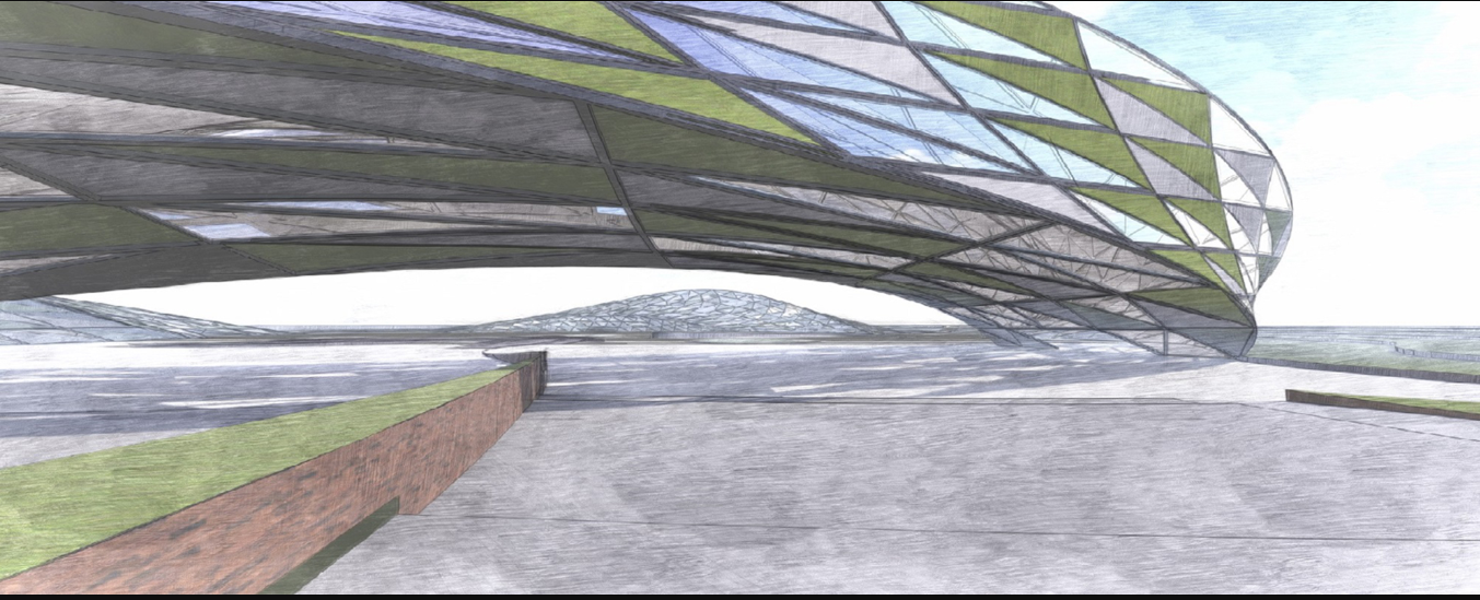 A sweeping Möbius-inspired structure blurring boundaries between city and nature.
