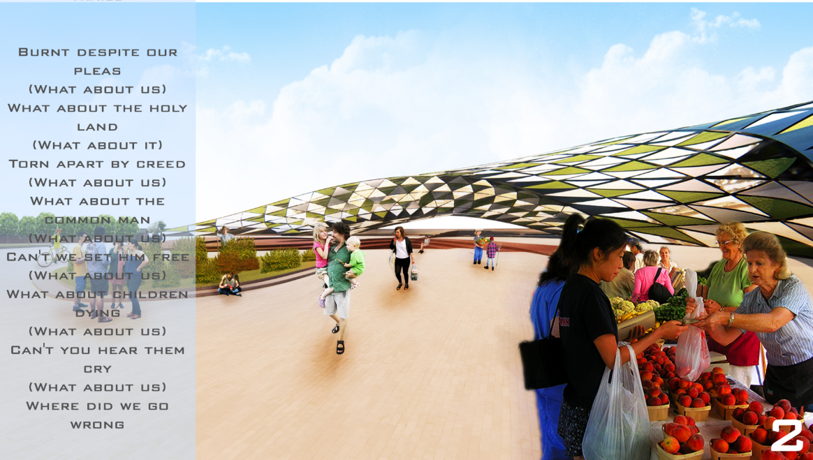 A vibrant public space where people gather, shop, and connect with sustainable living.