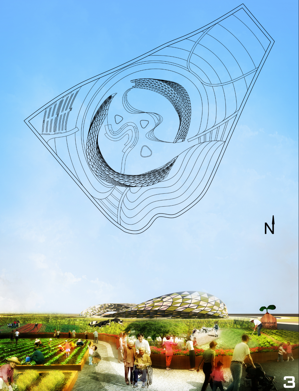 Functional layout combining agricultural lands, markets, and pedestrian-friendly pathways.