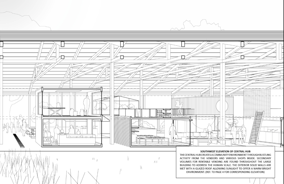 Section drawing revealing interior volumes, vendor spaces, and community circulation.