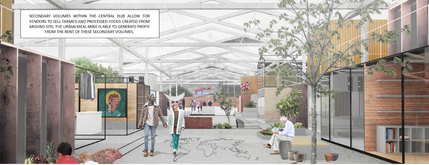 Vibrant community space with rentable vendor units, greenery, and cultural exchange.