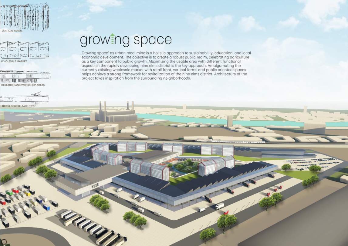 A sustainable architectural design integrating vertical farms, wholesale markets, and public spaces.
