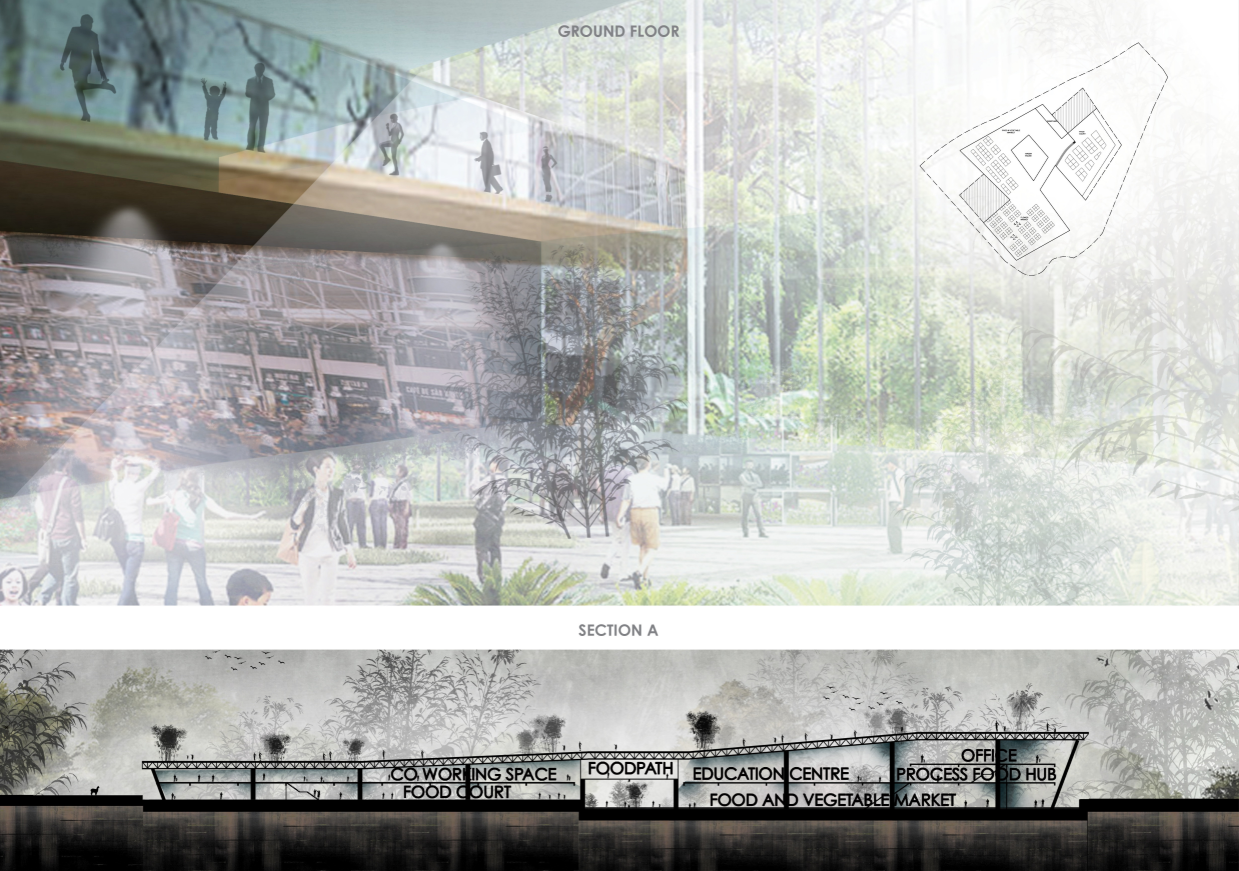 Section drawing through the multi-level market hall with clerestory glazing and rooftop garden