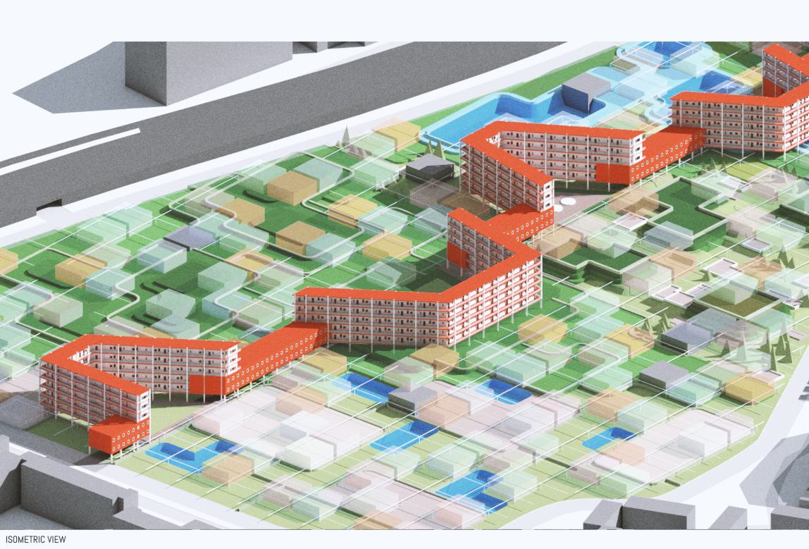 The masterplan layout showing interconnected residential and production units within a sustainable food-based urban system.