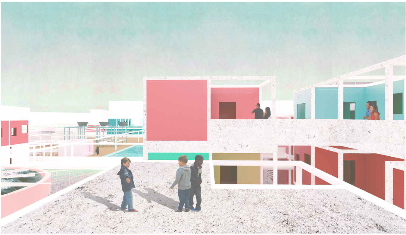 Children interact on shared roof terraces designed for social exchange and ecological awareness.